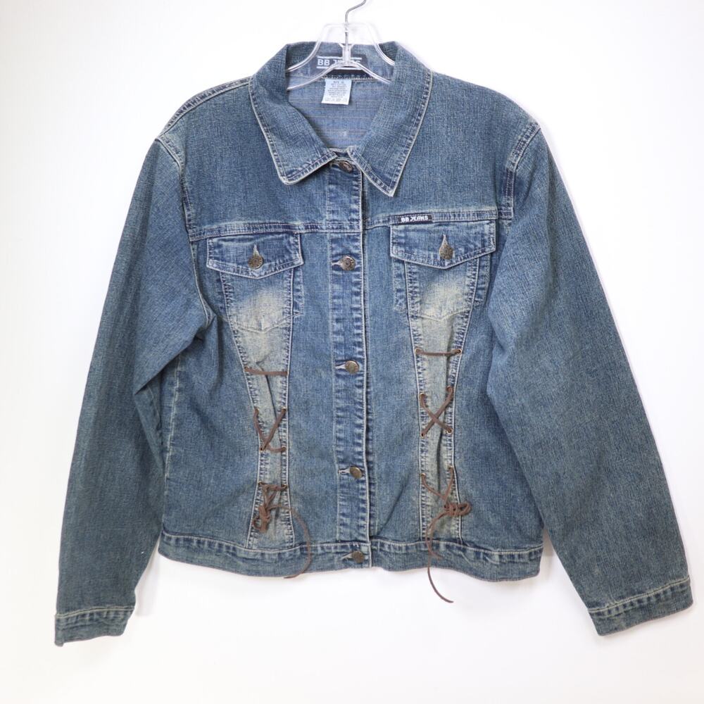 Vtg Y2K BB Jeans Denim Trucker Jacket XL Blue Leather Laceup Pockets Stretch
